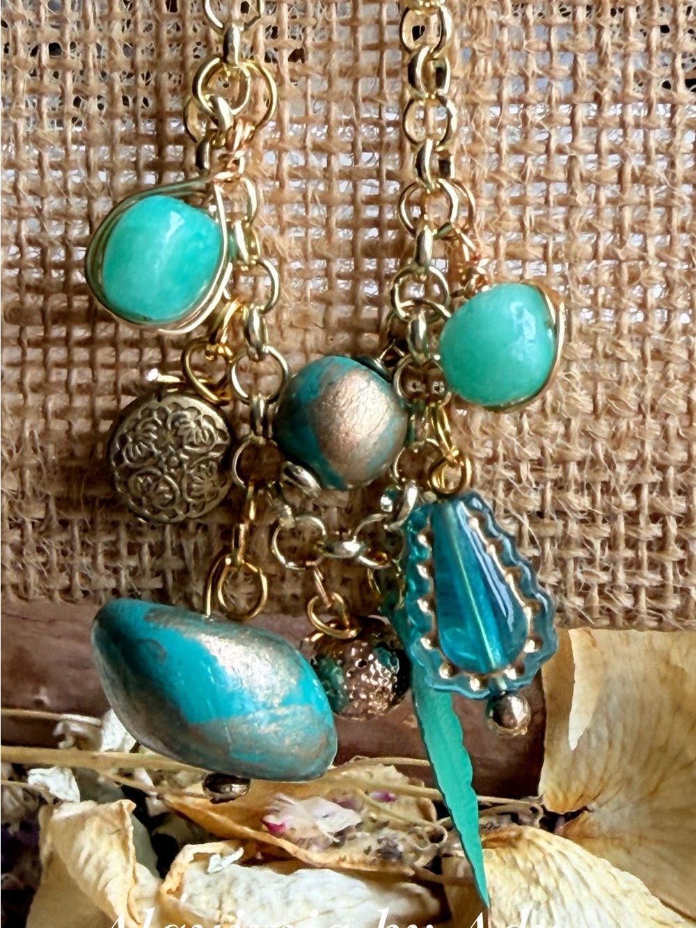 Alquimia Gold Charm Necklace with Turquoise and Aqua Beads